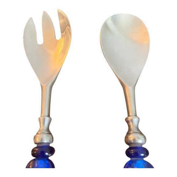 Stainless Steel Salad Fork and Spoon Set With Blue Acrylic Handles 11.5" - Picture 4 of 7